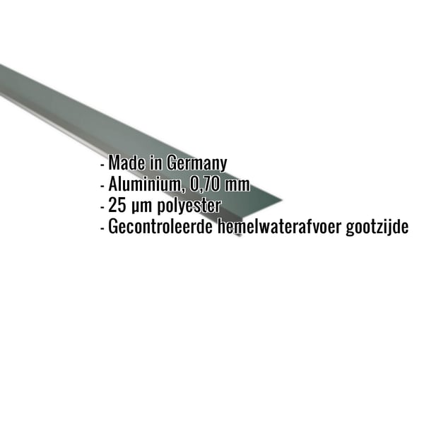 Dakgootprofiel aluminium mosgroen met ingebedde gegevens over materiaal, dikte en coating