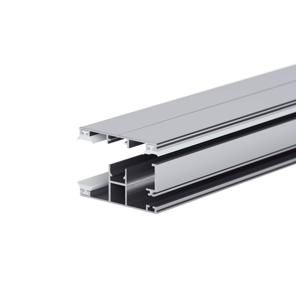 DUO randprofiel van blank aluminium, 16 mm, schuin van de zijkant met zicht op de holle kamers