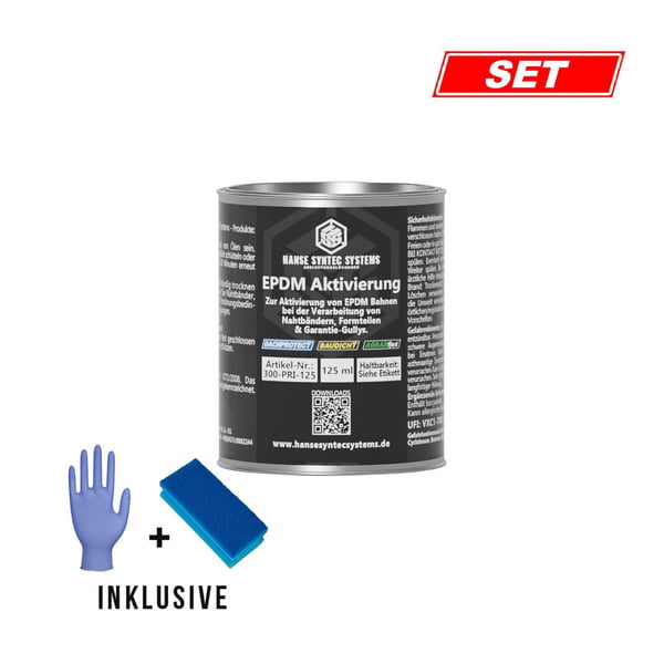 EPDM activering 125 ml blik van DACHPROTECT in set met blauwe spons en handschoen