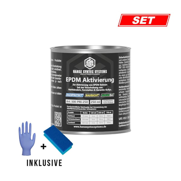 EPDM activering 250ml bus van DACHPROTECT met handschoenen en spons als set, productinformatie ingebed