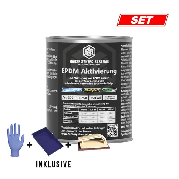 EPDM activering 750 ml blik in set met handschoen, spons en schuurpad, belangrijke gegevens weergegeven
