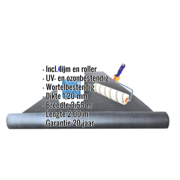 EPDM dakfolie voordeelpakket met ingebedde gegevens over afmetingen, dikte en garantie
