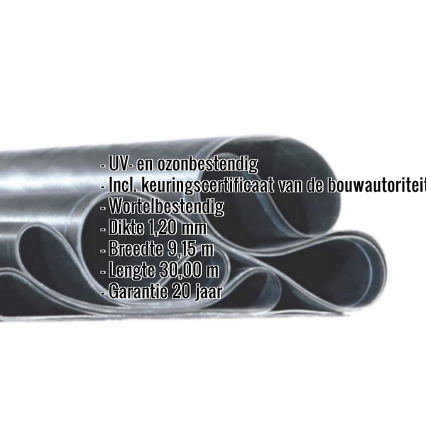 EPDM dakfolie zwart 1,20 mm, opgerold, met ingebedde technische gegevens en eigenschappen