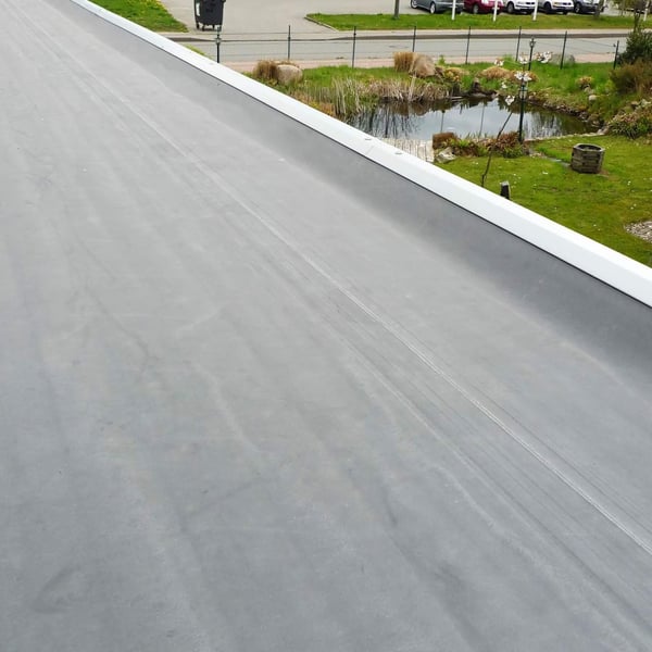 EPDM dakfolie zwart 1,50 mm op een plat dak met witte dakrand, uitzicht op vijver