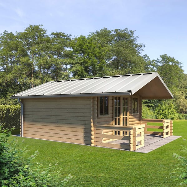 Felsplaten 33/500-LE, Grijswit (RAL 9002), als dak op een tuinhuisje met terras