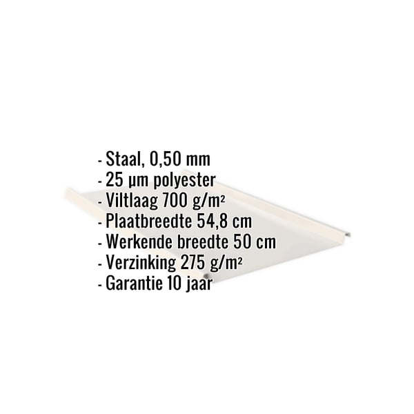 Felsplaat Grijswit RAL 9002 met ingebedde productgegevens over materiaal, dikte en coating