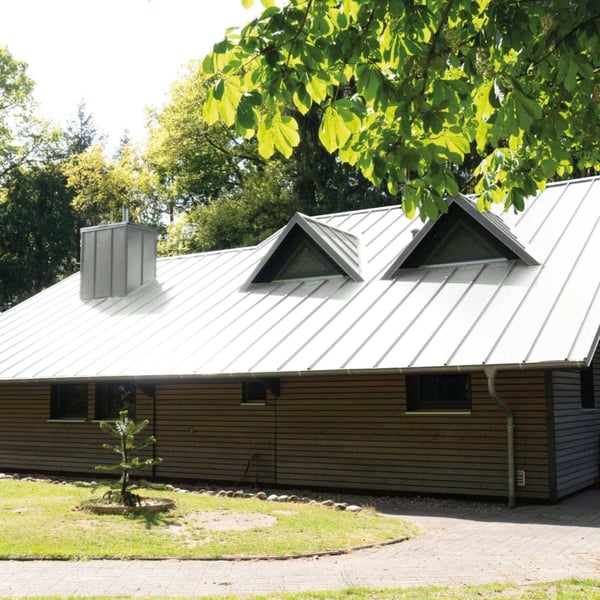 Staande felsplaat 33/500-LE, Lichtgrijs RAL 7035, gemonteerd op een woonhuis met dakkapellen en schoorsteen
