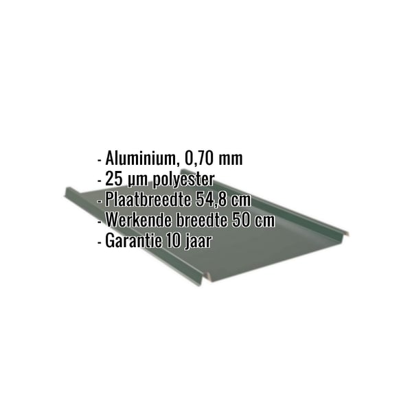 Felsplaat aluminium mosgroen, technische gegevens getoond: materiaal, dikte, coating, breedte, garantie
