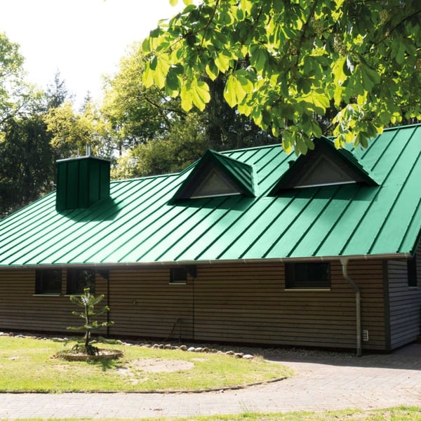 Felsplaat 33/500-LE aluminium mosgroen (RAL 6005) op een woonhuis met dakramen en schoorsteen