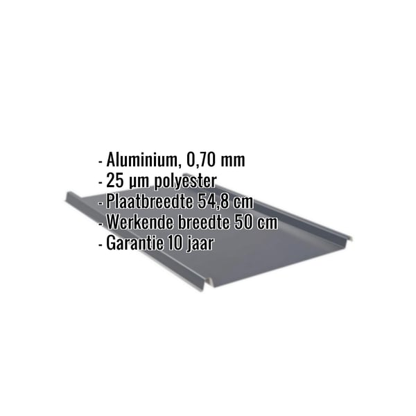 Stehfalzblech aluminium 0,70 mm antracietgrijs met ingebedde gegevens over materiaal, dikte en breedte