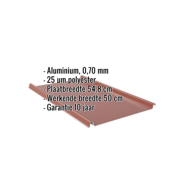 Felsplaat 33/500-LE aluminium 0,70 mm Roodbruin, met ingebedde productdetails over materiaal, breedte en garantie
