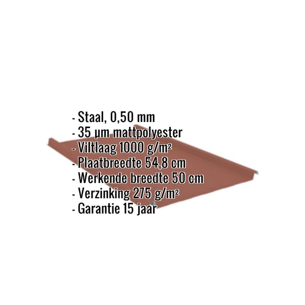 Felsplaat 33/500-LR Terracotta met ingebedde specificaties voor materiaal, coating en afmetingen