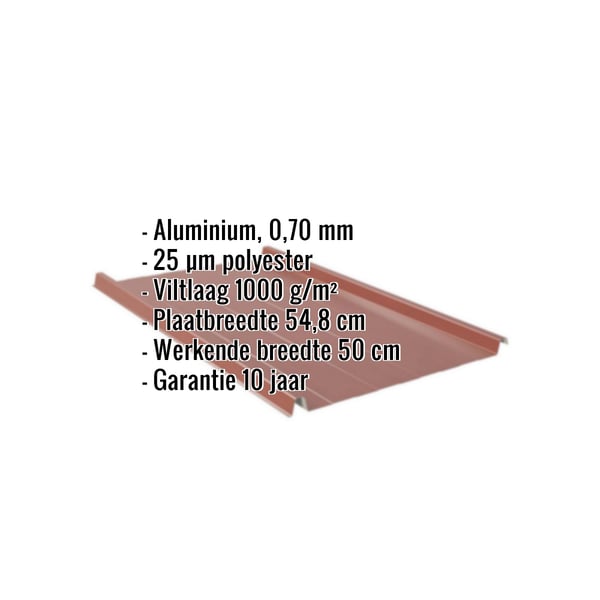 Staande felsplaat aluminium Roodbruin met ingebedde gegevens over materiaal, dikte, coating en garantie