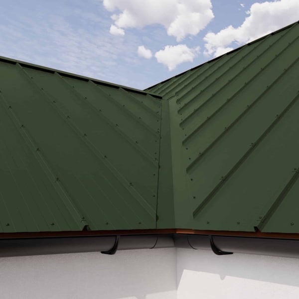 Dakdetail met felsplaat 33/500-LR in Chroomoxydegroen en dakgoot, gemonteerd