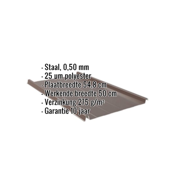 Staande felsplaat 33/500-LR in Sepiabruin, 0,50 mm, met ingebouwde productgegevens over materiaal, coating en garantie