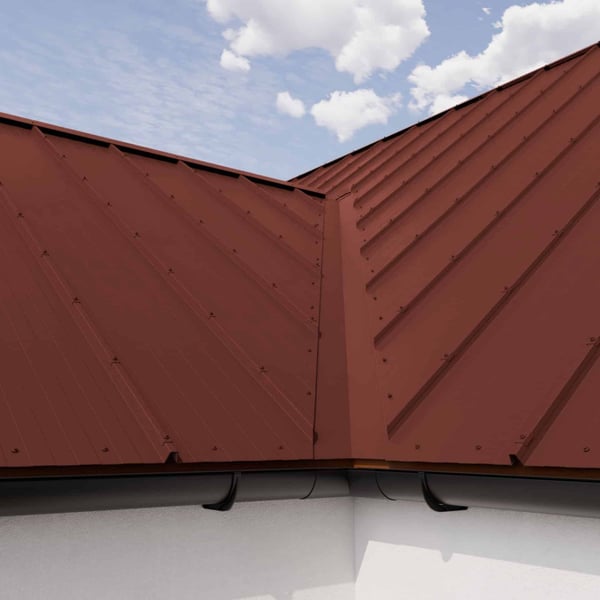 Staande felsplaat 33/500-LR, RAL 8012 roodbruin, detail dakmontage met nok en dakgoot