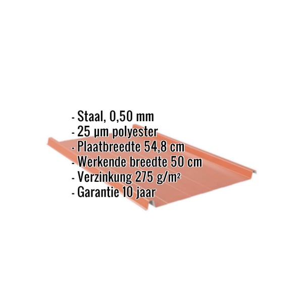 Felsplaat Koperbruin met ingebedde gegevens over materiaal, dikte en coating