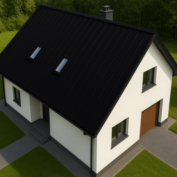 Staande felsplaat PD-510-S trapezium Gitzwart op een eengezinswoning met garage van bovenaf
