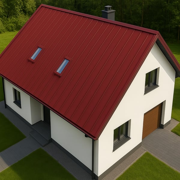 Bovenaanzicht van een huis met kersrood damwandplaat PD-510-S trapeziumdak en twee dakramen