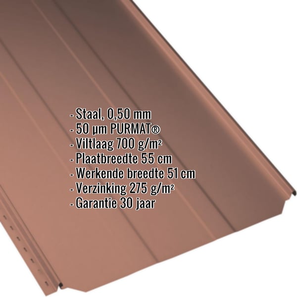 Staande felsplaat PD-510-S trapezium Terracotta met ingebedde specificaties over materiaal, coating en afmetingen