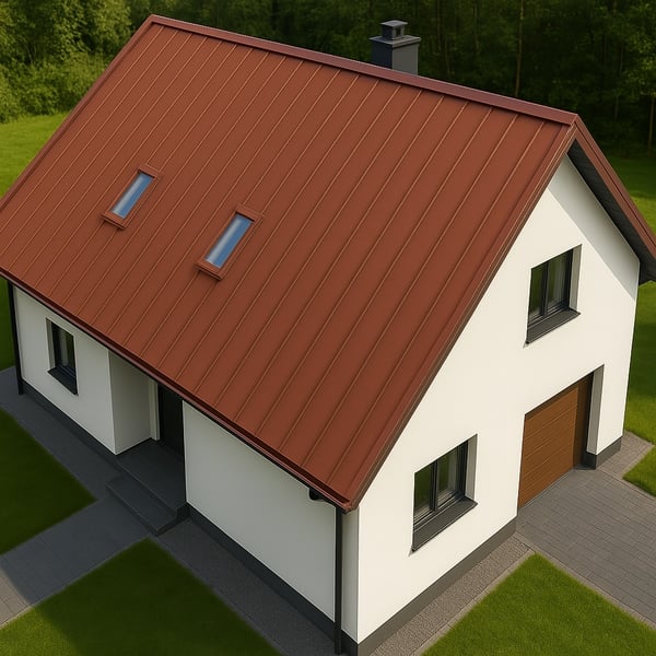 Staande felsplaat PD-510-S trapezium Terracotta op een eengezinswoning met garage en twee dakramen