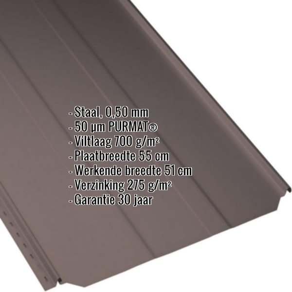 Staande felsplaat PD-510-S trapezium in chocoladebruin, 0,50 mm, met ingebedde productgegevens