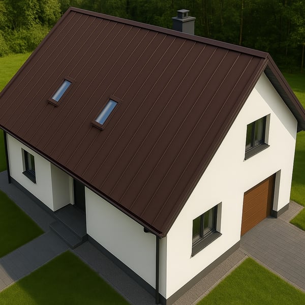 Bovenaanzicht van een huis met dak van staande felsplaat PD-510-S trapezium in chocoladebruin