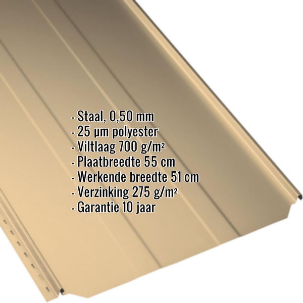 Staande felsplaat PD-510-S trapezium Zandgeel (RAL 1002) met ingebedde technische gegevens