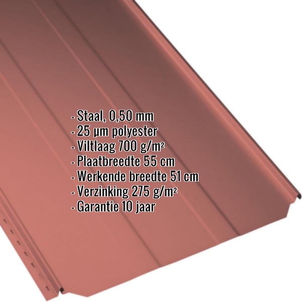 Staande naad dakpaneel PD-510-S damwandplaat Koraalrood, 0,50 mm met polyestercoating en ingebedde gegevens