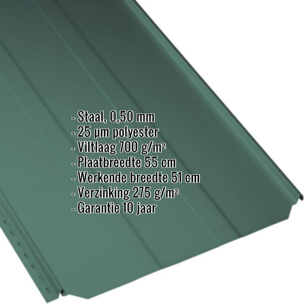 Staande felsplaat PD-510-S trapezium mosgroen met ingebedde gegevens over materiaal, dikte en coating