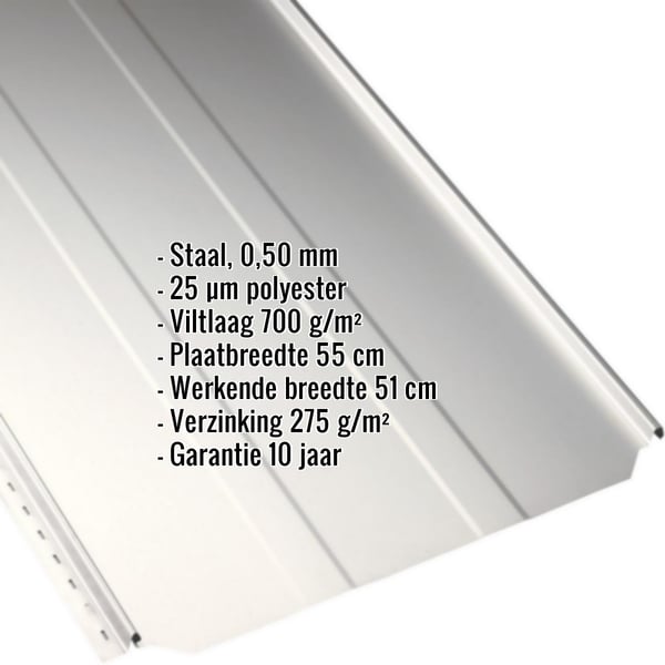 Staande felsplaat PD-510-S damwandplaat Zuiverwit RAL 9010 met ingebedde productgegevens, infografiek