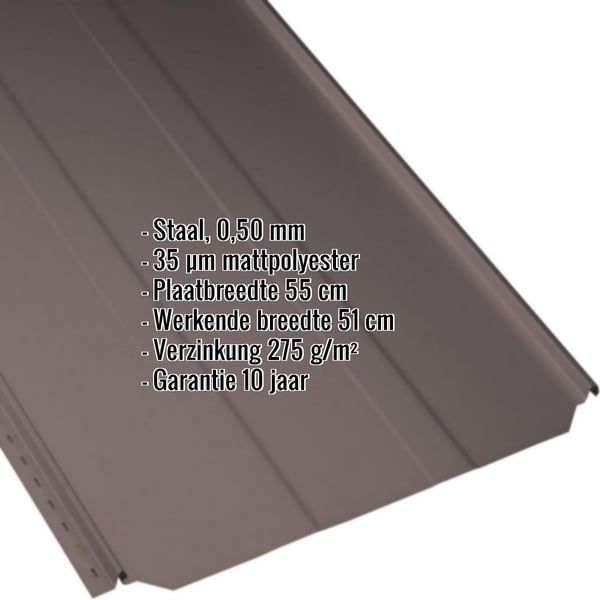 Felsdakpaneel PD-510-S trapezium in RAL 8017 chocoladebruin, 0,50 mm dikte, met productgegevens