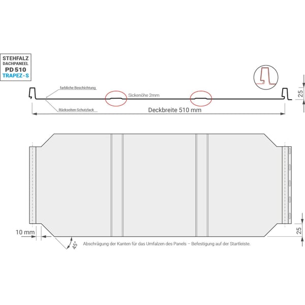 Technische tekening felsplaat PD-510-S damwandplaat met afmetingen en profielschets
