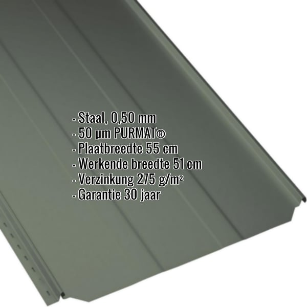 Staande naadplaat PD-510-S damwand, Chroomoxydegroen, 0,50 mm staal met 50 µm PURMAT coating, gegevens getoond