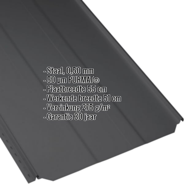 Staande naad dakpaneel PD-510-S Gitzwart met ingebedde gegevens over materiaal, dikte en garantie