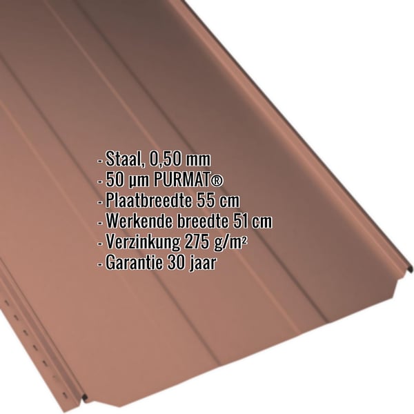 Staande felsplaat PD-510-S trapezium terracotta, 0,50 mm staal, 50 µm PURMAT coating, met ingebedde gegevens