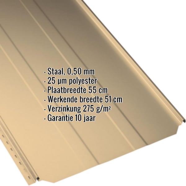Staande felsplaat PD-510-S trapezium Zandgeel (RAL 1002) met technische gegevens
