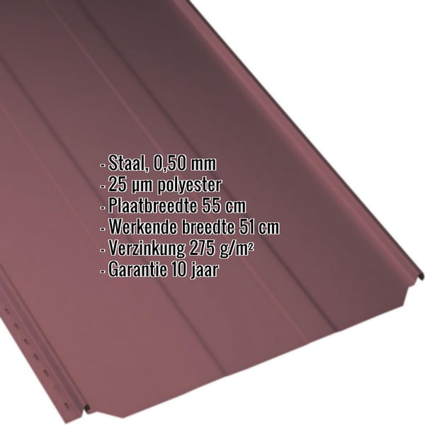 Staande naad dakpaneel PD-510-S damwandplaat in Wijnrood, 0,50 mm dikte, met productgegevens