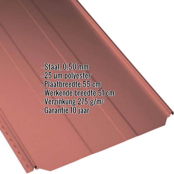 Staande felsplaat PD-510-S trapezium koraalrood, detail met ingebedde specificaties