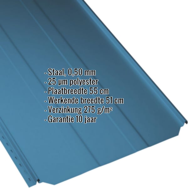 Damwandplaat PD-510-S Trapezium, Gentiaanblauw RAL 5010, met ingebedde technische gegevens
