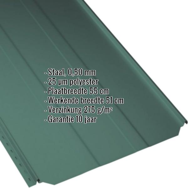 Staande felsplaat PD-510-S trapezium mosgroen, 0,50 mm, met weergegeven productgegevens