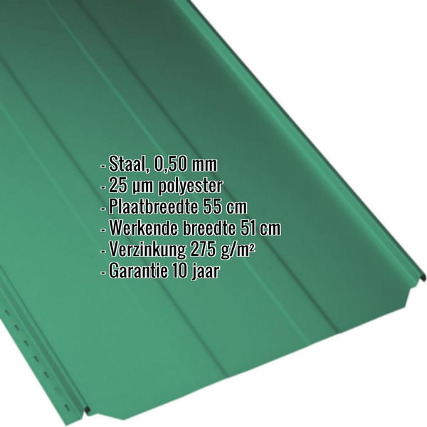 Staande felsplaat PD-510-S damwandplaat in mintgroen, 0,50 mm dikte, met ingebedde productgegevens