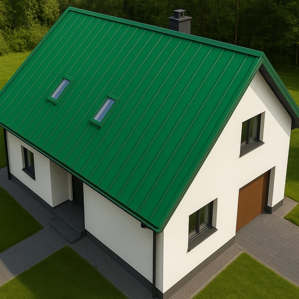Vrijstaand huis met mintgroen staande felsplaat PD-510-S dak, van bovenaf gefotografeerd