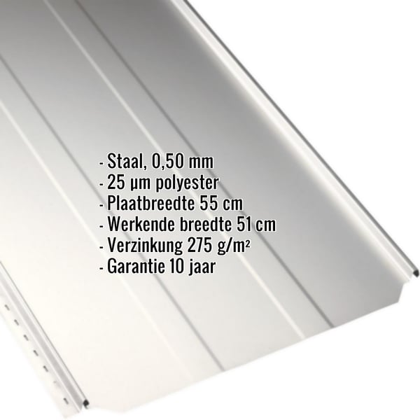Staande felsplaat PD-510-S trapezium, zuiverwit, met ingebouwde productgegevens over materiaal, dikte en coating