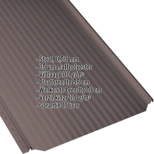 Stehfalzblech PD-510-S Mikro in Chocoladebruin, 0,50 mm staal met 35 µm matpolyester coating, technische gegevens weergegeven