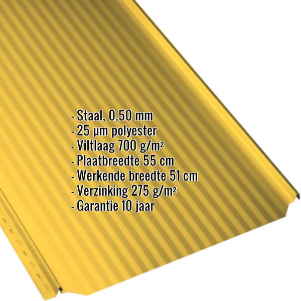 Felsdakpaneel PD-510-S Micro in Koolzaadgeel, 0,50 mm staal met 25 µm polyestercoating en ingebedde specificaties