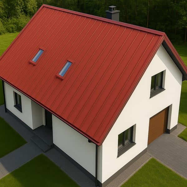 Klein eengezinswoning met felsplaat PD-510-S Koraalrood, microprofilering, van bovenaf