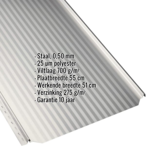 Felsdakpan PD-510-S Micro in Grijswit, 0,50 mm dikte met 25 µm polyestercoating, kerngegevens weergegeven