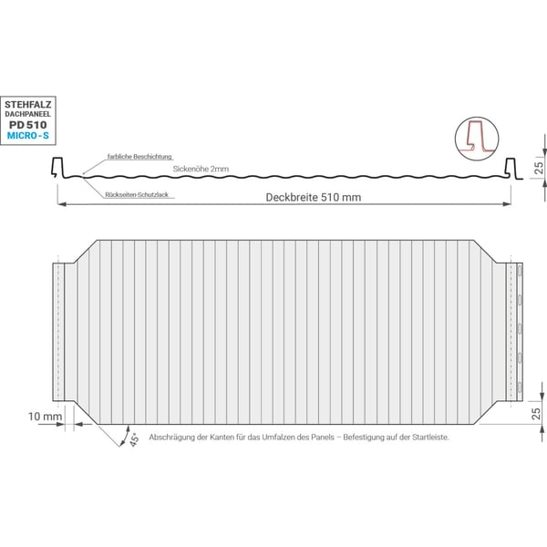 Technische tekening felsplaat PD-510-S Micro met afmetingen en profiel