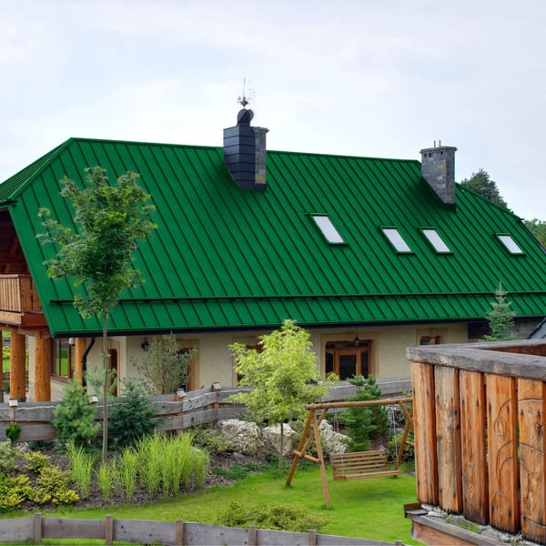 Huis met mintgroene felsplaat PD-510-S Micro dak en meerdere dakramen